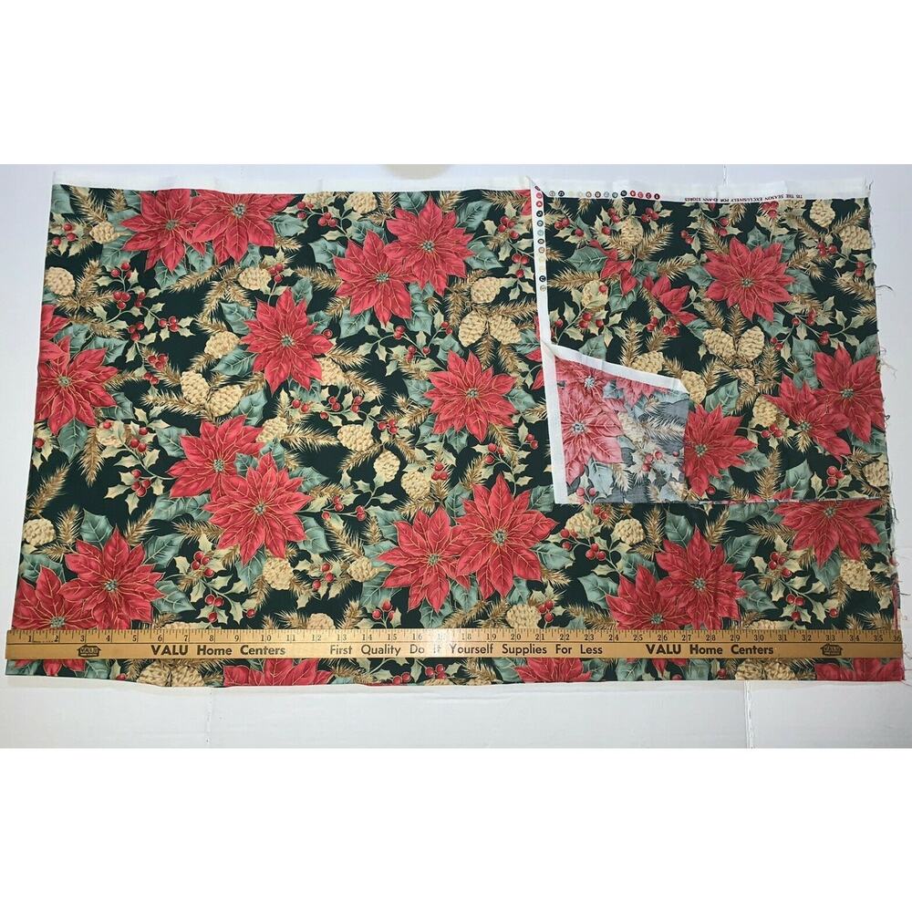 2 Yds Fabric 42" Christmas Poinsettia Pink Gold Green Tis The Season Jo Ann NOS